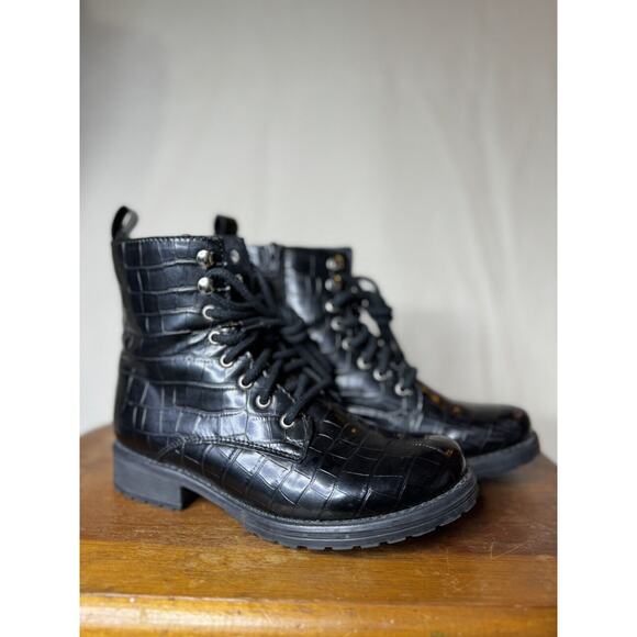 VINTAGE Steve Madden Bobbi Leather Vegan Combat Boot Black Croc 90s Y2K 7.5 RARE - Picture 1 of 10